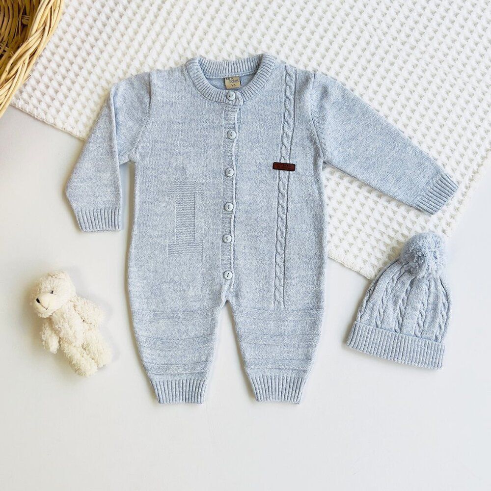 Baby Knit Jumpsuit Buttoned Outfit with Beanie Jumper for Baby Boy